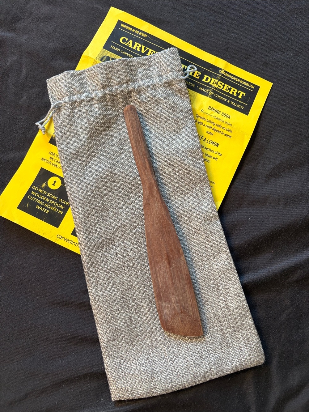 Hand Carved Wood Spreader with Linen Pouch - Brown
